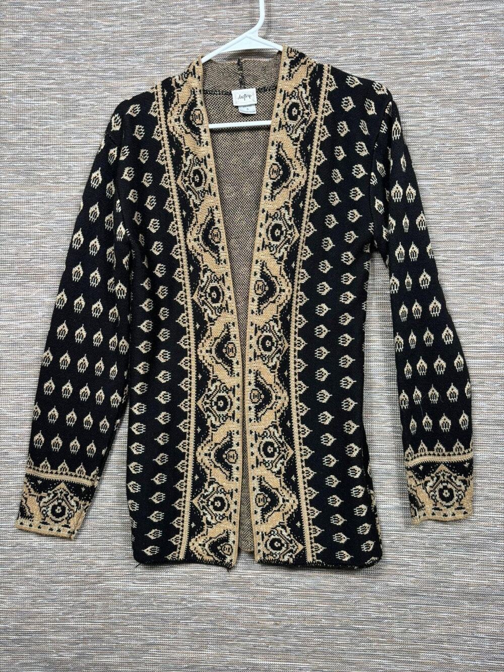 Daytrip Cardigan Sweater Womens Small Black Tan Tribal Boho Open Front Knit